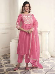Women Floral Yoke Design Regular Thread Work Kurta with Trousers & With Dupatta