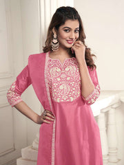 Women Floral Yoke Design Regular Thread Work Kurta with Trousers & With Dupatta