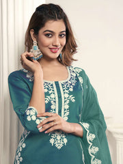 Floral Yoke Design Regular Thread Work Kurta with Trousers & Dupatta