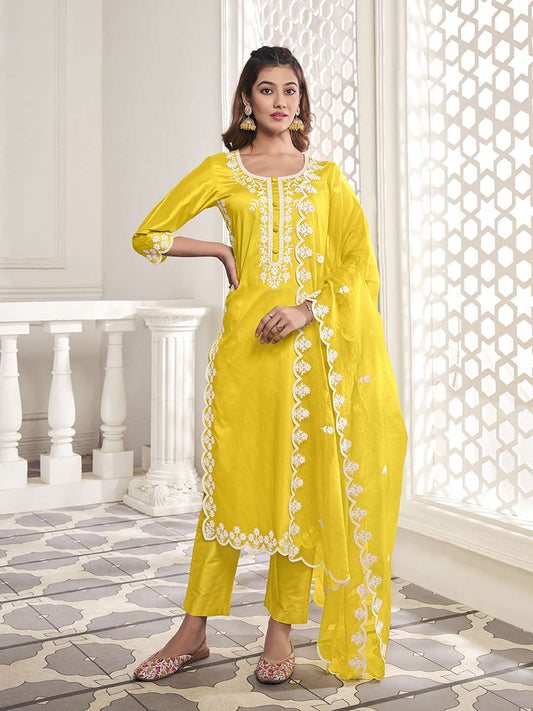 Floral Yoke Design Thread Work Kurta with Trousers & Dupatta