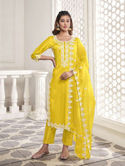 Floral Yoke Design Thread Work Kurta with Trousers & Dupatta