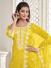 Floral Yoke Design Thread Work Kurta with Trousers & Dupatta