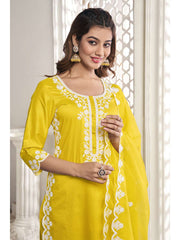 Floral Yoke Design Thread Work Kurta with Trousers & Dupatta