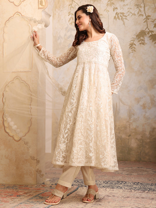 Women Floral Embroidered Round Neck Anarkali Kurta With Trousers & Dupatta
