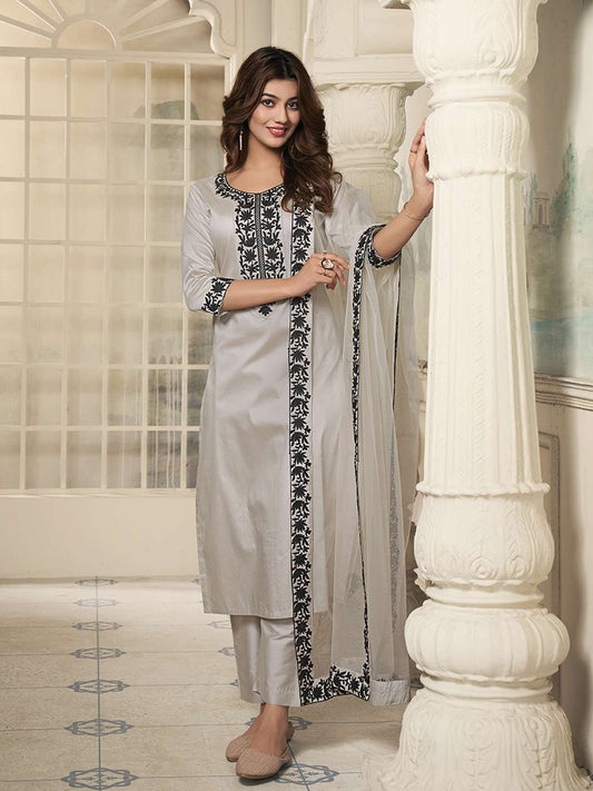 Women Floral Yoke Design Regular Thread Work Kurta with Trousers & With Dupatta