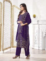 Women Floral Thread and Sequinned Embroidered Kurta and Palazzo with Dupatta