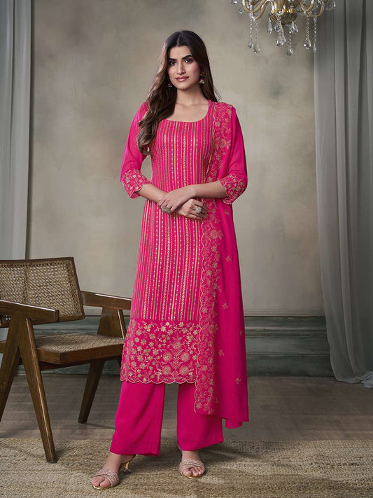 Women Floral Thread Sequinned Embroidered Kurta, Palazzos & Dupatta Set
