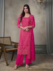 Women Floral Thread Sequinned Embroidered Kurta, Palazzos & Dupatta Set