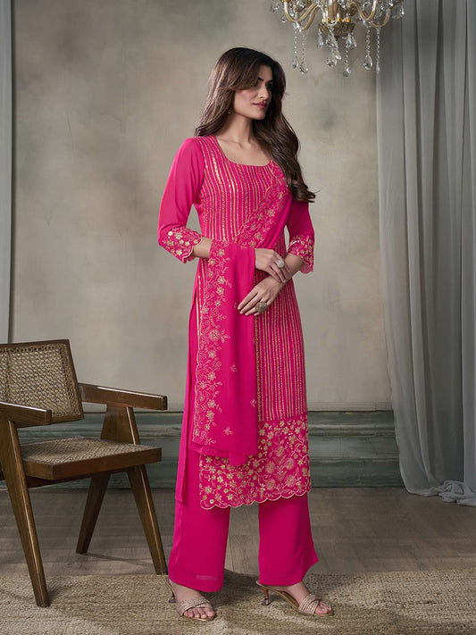 Women Floral Thread Sequinned Embroidered Kurta, Palazzos & Dupatta Set