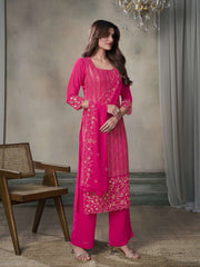 Women Floral Thread Sequinned Embroidered Kurta, Palazzos & Dupatta Set
