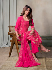 Women Floral Thread Sequinned Embroidered Kurta, Palazzos & Dupatta Set