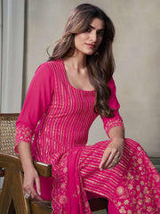 Women Floral Thread Sequinned Embroidered Kurta, Palazzos & Dupatta Set