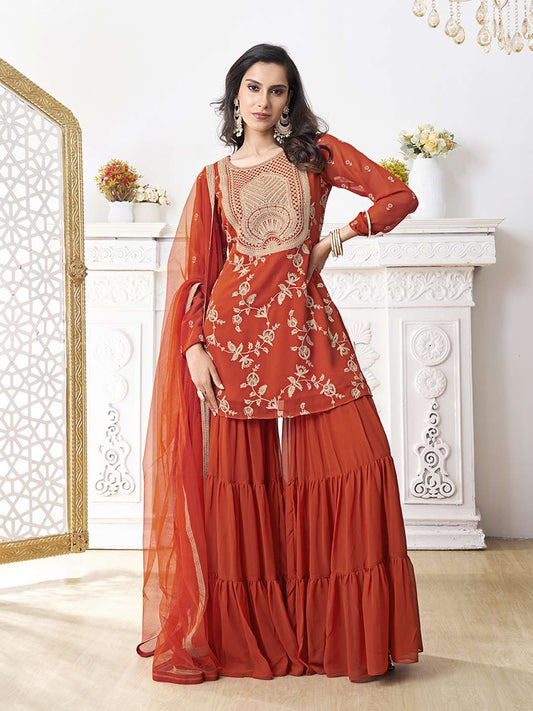 Floral Embroidered Thread Work Georgette A-Line Kurta With Sharara & Dupatta