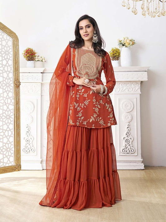 Floral Embroidered Thread Work Georgette A-Line Kurta With Sharara & Dupatta