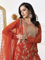 Floral Embroidered Thread Work Georgette A-Line Kurta With Sharara & Dupatta