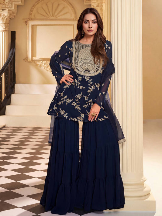 Women Floral Embroidered Regular Thread Work Kurta with Sharara & With Dupatta