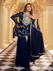 Women Floral Embroidered Regular Thread Work Kurta with Sharara & With Dupatta