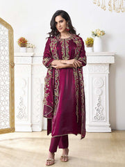 Women Floral Yoke Design Regular Thread Work Kurta with Trousers & With Dupatta