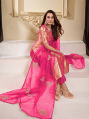 Women Jacquard Paisley Motif Embroidered Yoke Design Kurta Set with Dupatta