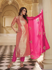 Women Jacquard Paisley Motif Embroidered Yoke Design Kurta Set with Dupatta