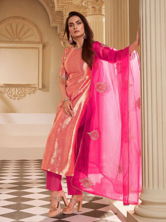 Women Jacquard Paisley Motif Embroidered Yoke Design Kurta Set with Dupatta
