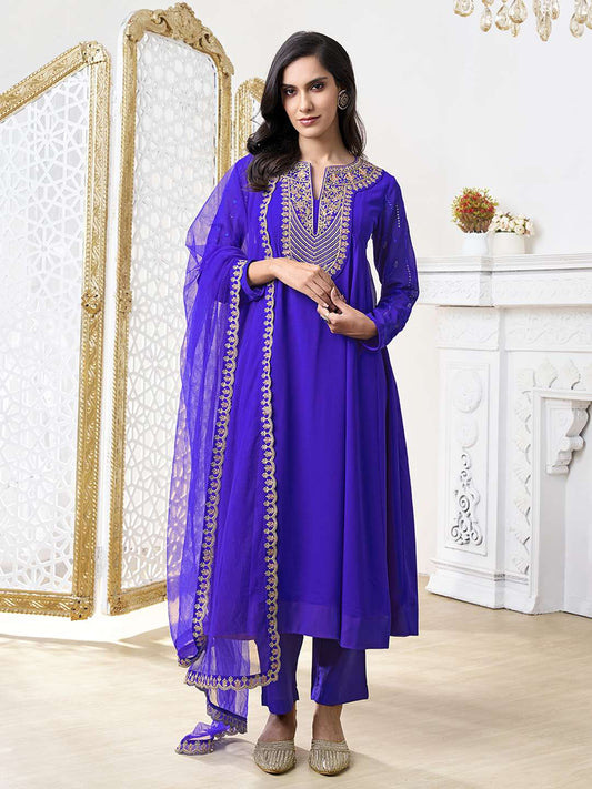 Floral Yoke Design Notch Neck Zari Georgette A-Line Kurta With Trousers & Dupatta