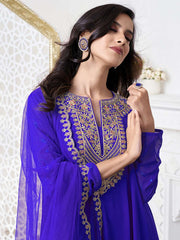 Floral Yoke Design Notch Neck Zari Georgette A-Line Kurta With Trousers & Dupatta