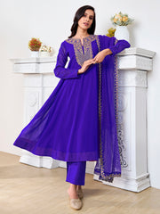 Floral Yoke Design Notch Neck Zari Georgette A-Line Kurta With Trousers & Dupatta