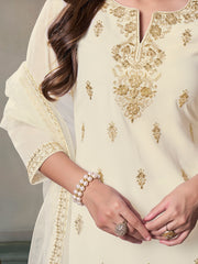 Women Floral Zari Sequinned Embroidered Kurta Set with Dupatta