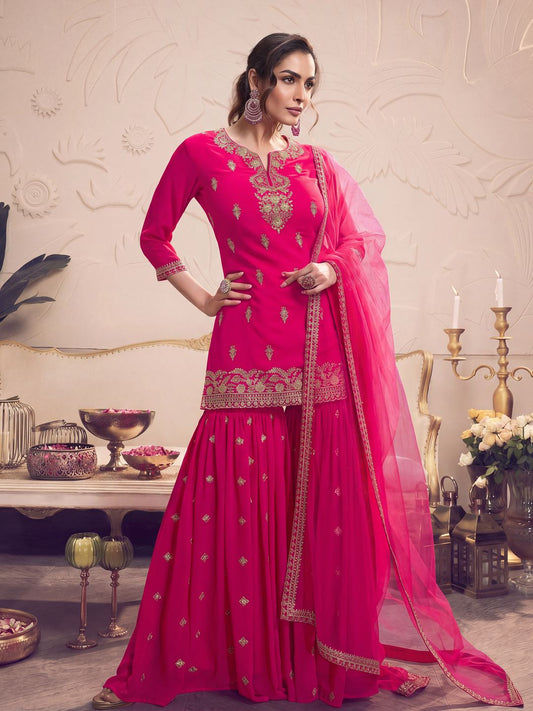 Women Floral Embroidered Regular Thread Work Kurti with Sharara & With Dupatta