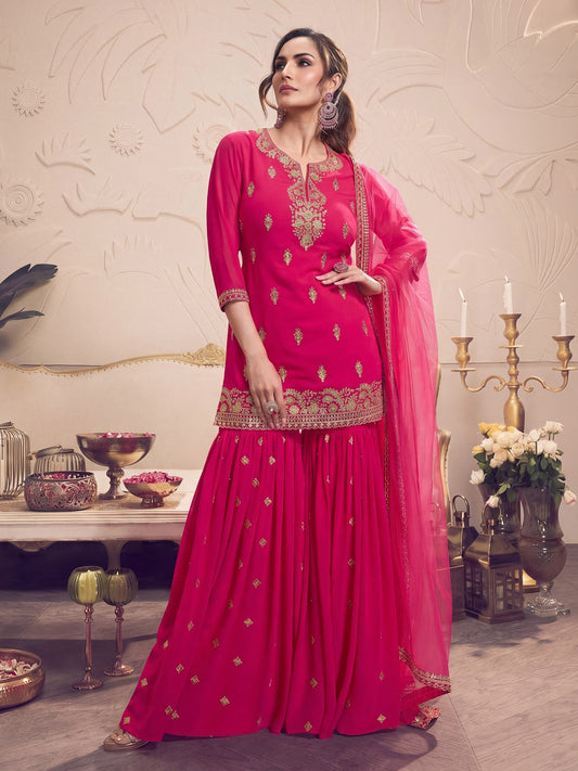 Women Floral Embroidered Regular Thread Work Kurti with Sharara & With Dupatta
