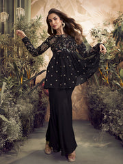 Women Floral Embroidered Pleated Thread Work Kurta with Sharara