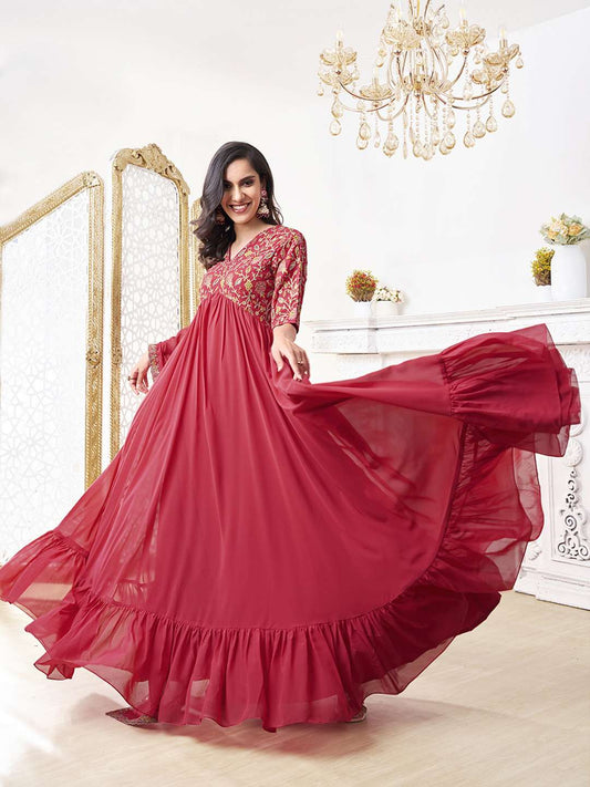 Women Floral Embroidered Thread Work Floral Georgette Kurta