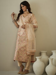 Paisley Woven Design V-Neck Zari Straight Kurta With Trousers & Dupatta