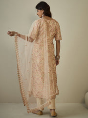 Paisley Woven Design V-Neck Zari Straight Kurta With Trousers & Dupatta