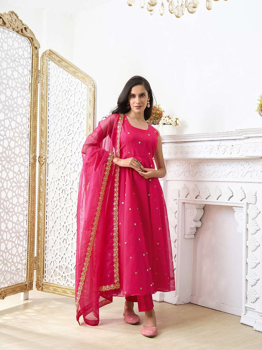 Women Floral Embroidered Regular Sequinned Kurta with Trousers & With Dupatta