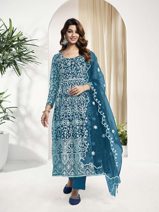 Floral Embroidered Regular Anarkali Net Kurta With Trouser With Dupatta