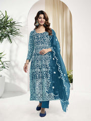 Floral Embroidered Regular Anarkali Net Kurta With Trouser With Dupatta