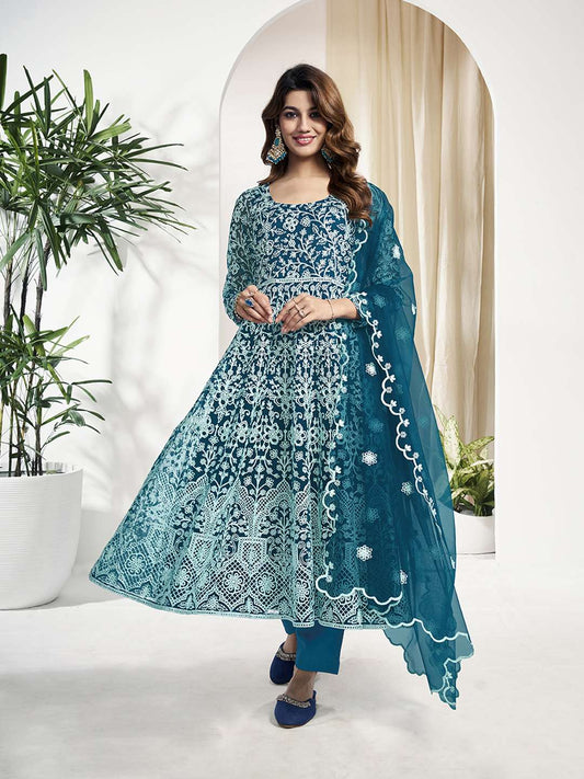 Floral Embroidered Regular Anarkali Net Kurta With Trouser With Dupatta