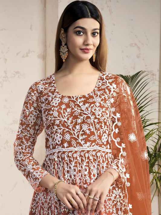 Floral Embroidered Scoop Neck Anarkali Kurta With Trouser And Dupatta