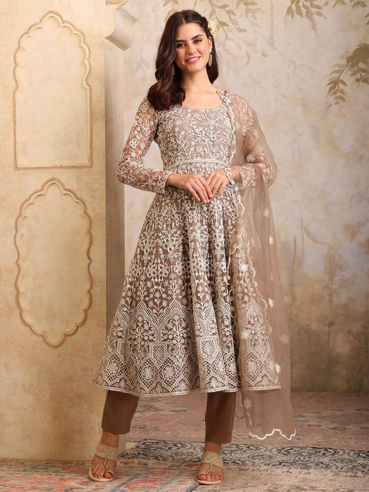 Women Floral Embroidered Round Neck Anarkali Kurta With Trousers & Dupatta