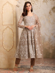 Women Floral Embroidered Round Neck Anarkali Kurta With Trousers & Dupatta