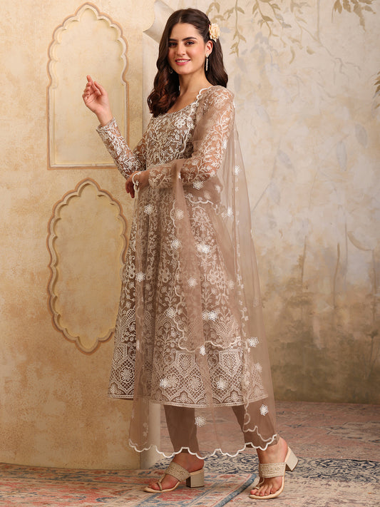 Women Floral Embroidered Round Neck Anarkali Kurta With Trousers & Dupatta