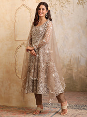 Women Floral Embroidered Round Neck Anarkali Kurta With Trousers & Dupatta