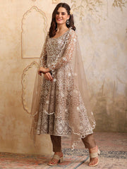 Women Floral Embroidered Round Neck Anarkali Kurta With Trousers & Dupatta