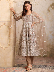Women Floral Embroidered Round Neck Anarkali Kurta With Trousers & Dupatta