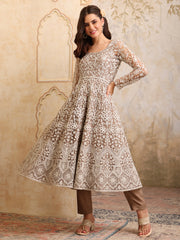 Women Floral Embroidered Round Neck Anarkali Kurta With Trousers & Dupatta