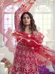 Floral Embroidered Thread Work Net Anarkali Kurta With Trousers & Dupatta