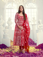 Floral Embroidered Thread Work Net Anarkali Kurta With Trousers & Dupatta