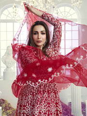 Floral Embroidered Thread Work Net Anarkali Kurta With Trousers & Dupatta